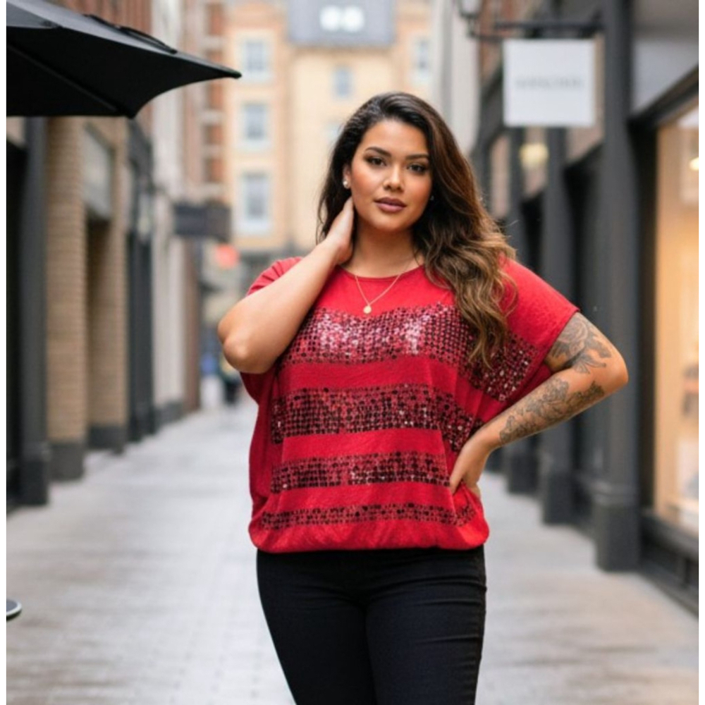 Nordstrom Bobeau Baddie Streetwear Red Short Sleeve "Sequin Like" Tee XL
